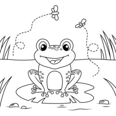 Frog sitting on leaf of water lily. Black and white vector illustration for coloring book