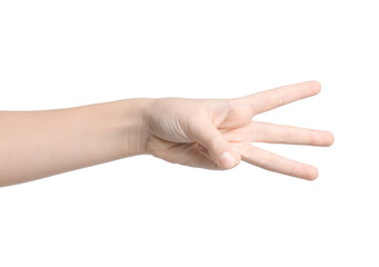 Child showing three fingers on white background