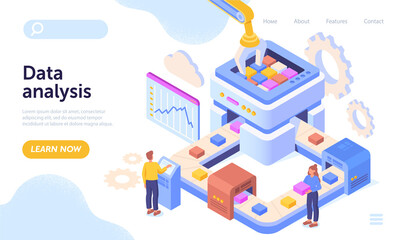 Data analysis and information sorting abstract concept. Men and women stand at conveyor belt and put cubes or files from database. Analysis of algorithms. Cartoon isometric vector illustration