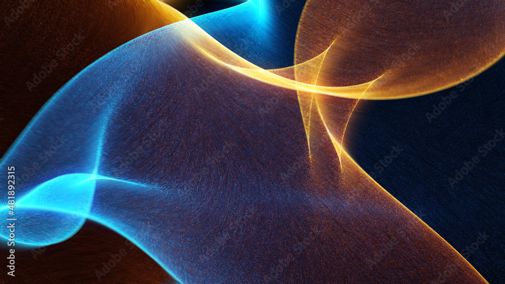 Poster abstract blue and orange background with flowing lines. dynamic particle waves.