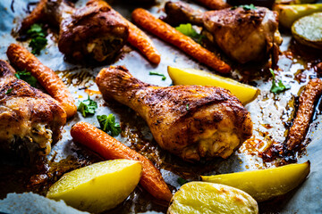 Barbecue chicken drumsticks with potatoes and carrot on wooden table
