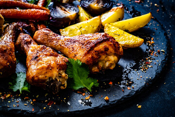 Barbecue chicken drumsticks with potatoes and carrot on wooden table
