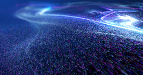 abstract purple background, Dynamic flow of digital particles horizon. futuristic particle blue and pink lines with light effect. 