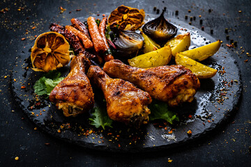 Barbecue chicken drumsticks with potatoes and carrot on wooden table
