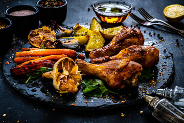 Barbecue chicken drumsticks with potatoes and carrot on wooden table
