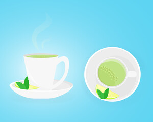 Vector illustration of a cup with a saucer of green tea or a match with lime and mint. Side and top view