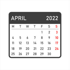 April 2022. April 2022 calendar. Vector illustration.