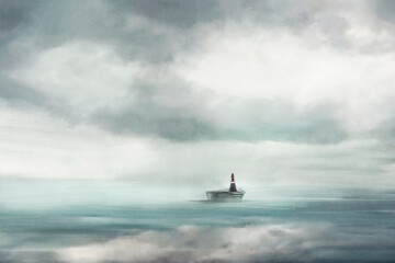 illustration of a lonely woman with a boat in the middle of the ocean, travel concept