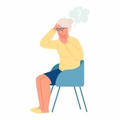 Elderly grandmother has Alzheimer’s disease and she looks lost. Memory loss, and problem of concentration for elderly people. Female has dementia symptoms or mental health illness concept. Vector
