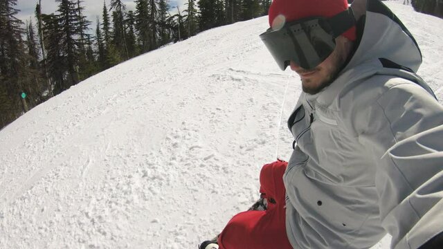 Snowboarder Face Shot Riding Groomed Run Snow