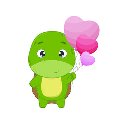 Cute cartoon turtle character holding balloons.Turtle isolated on white background.Valentine s day card design.