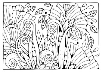 Coloring page. Black and white flowers for coloring. Vector art line background.