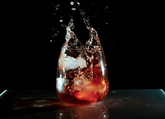 Fototapeta na wymiar salpicadura de agua con cubitos de hielo en vaso de vidrio
