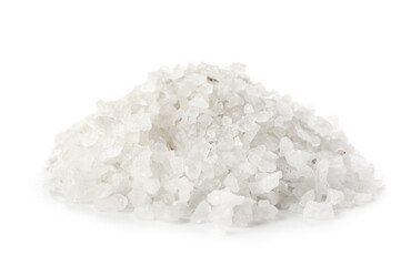 Fototapeta na wymiar Heap of iodized salt on white background