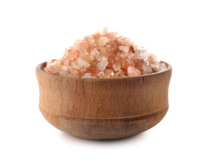 Bowl of iodized salt on white background