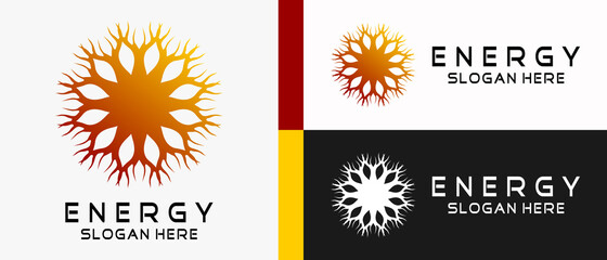 energy logo design template with creative abstract concept in sun rays shape rotating art elements. premium vector logo illustration