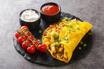 Simple homemade omelet with fried potatoes and bacon served with sauces close-up on a slate board on a concrete table. horizontal