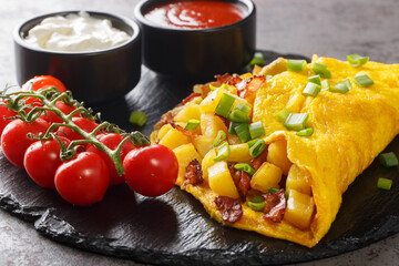 Farmers omelet with fried potatoes and bacon served with sauces close-up on a slate board on a concrete table. horizontal