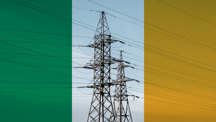 Irish flag with electric tower and lines. Energy supply in Ireland. High electricity prices. Power...