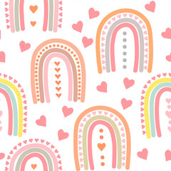 Seamless pattern, print, drawn rainbows with hearts in pastel colors. Doodles. Design for Valentine's Day, wedding, holiday decor
