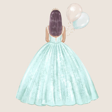 Girl with a tan skin in a fancy dress celebrates her 15 birthday. Hand drawn illustration