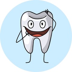 Cartoon cute tooth smiled, vector illustration on a round blue background, design element