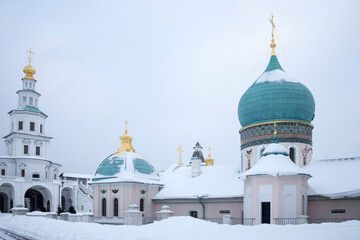 ISTRA, RUSSIA - January 16, 2022, The Resurrection Cathedral of New Jerusalem Monastery was built according to the prototype - the Church of the Holy Sepulcher in Jerusalem. Snowfall