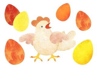 Set of Easter illustrations, chicken with multicolored eggs, ink printing technique