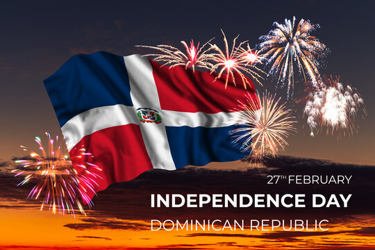 Majestic fireworks and flag of Dominican Republic