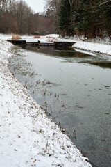 Ludwig-Donau-Main Canal on a winter morning with snow, Burgthann, Bavaria, Germany