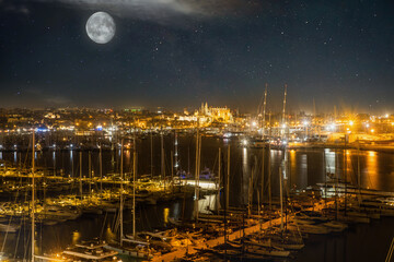 beautiful aerial view of the skyline of Palma de Mallorca at night, long exposure, Spain © aero-pictures.de