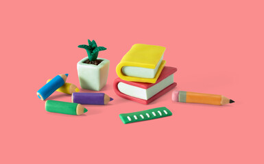 Student work desk with educational supplies made from plasticine - obrazy, fototapety, plakaty
