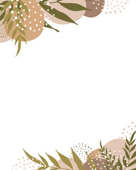  A hand-drawn template for a poster, banner, greeting card, invitation frame with abstract figures and leaves in earthy colors. Vector greeting cards template.