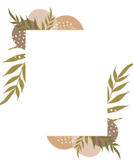 A hand-drawn template for a poster, banner, greeting card, invitation frame with abstract figures and leaves in earthy colors. Vector greeting cards template.