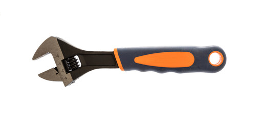 Wrench isolated on white, black and orange color rubber handle new work tool, design element..