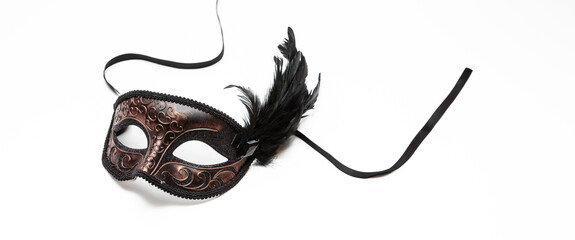 Carnival mask brown color with black feather decoration isolated on white background