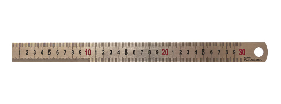 Ruler metal isolated cut out on white background. Stainless steel meter thirty centimeter long