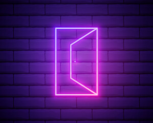 Open door icon neon. Exit. Door frame icon. Entrance symbol. Door way pictogram. Vector EPS 10. Isolated on brick wall background.