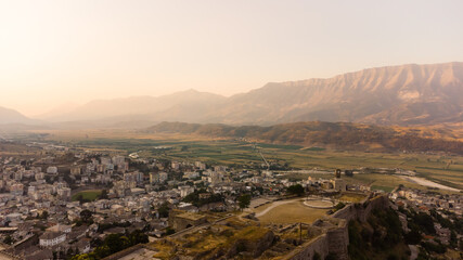 Aerial view of streets in the UNESCO listed old town of Gjirokaster in southern Albania