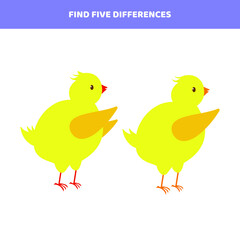 Find five differences between cartoon chickens. Educational game for kids.