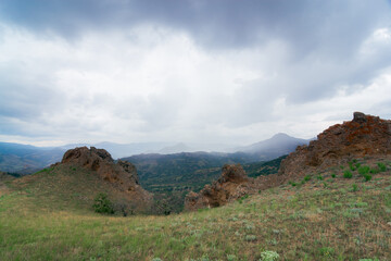 View of Kara-dag volcano in a rainy day