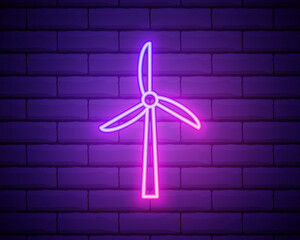Glowing neon Wind turbine icon isolated on brick wall background. Wind generator sign. Windmill for electric power production. Vector Illustration. © Skiffcha