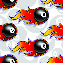 Billiard 8 ball icon and fire flame seamless pattern vector illustration. Ideal for wallpaper, wrapper, packaging, textile design and any kind of decoration.