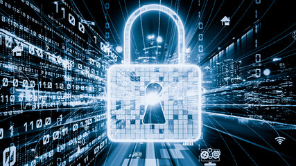 Cyber security and online data protection with tacit secured encryption software . Concept of smart digital transformation and technology disruption that changes global trends in new information era .
