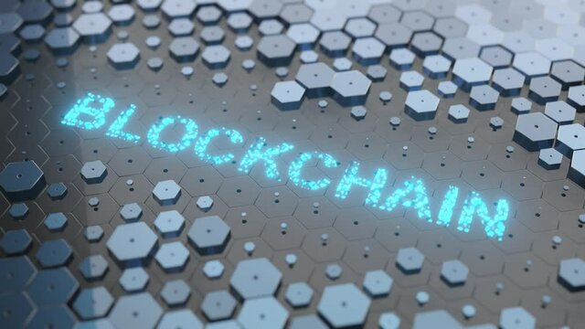 Blockchain technology concept. The camera rotates around the Blockchain inscription against the background of hexagons.