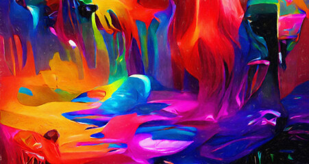 Abstract art interior decor design wall print. Canvas abstract psychedelic crazy modern painting. Drawing digital texture background pattern. Faded colors and vibrant design. Web banner, poster, card