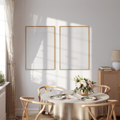 Sunny interior. Kitchen. Frame mockup. Poster mockup. 3d rendering, 3d illustration