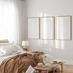 Sunny interior. Bedroom room. Frame mockup. Poster mockup. 3d rendering, 3d illustration	