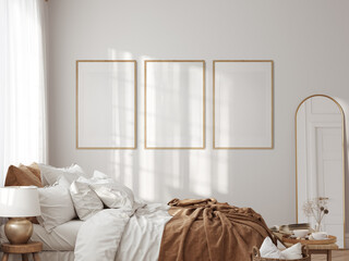 Sunny interior. Bedroom room. Frame mockup. Poster mockup. 3d rendering, 3d illustration	
