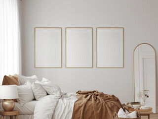 Eco Friendly interior style. Bedroom room. Frame mockup. Poster mockup. 3d rendering, 3d illustration